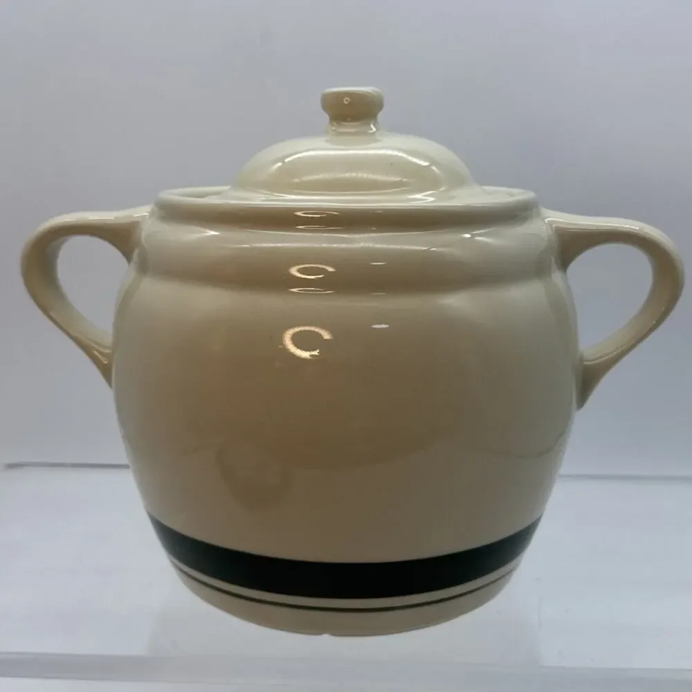 Roseville Ohio 3 Qt. Bean Pot Cookie Jar with Lid Green Stripes READ